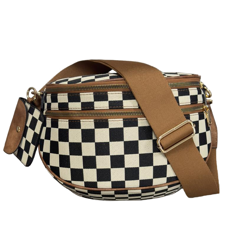 Women's Large Checkered Pattern Crossbody Saddle Bag - Cyndora