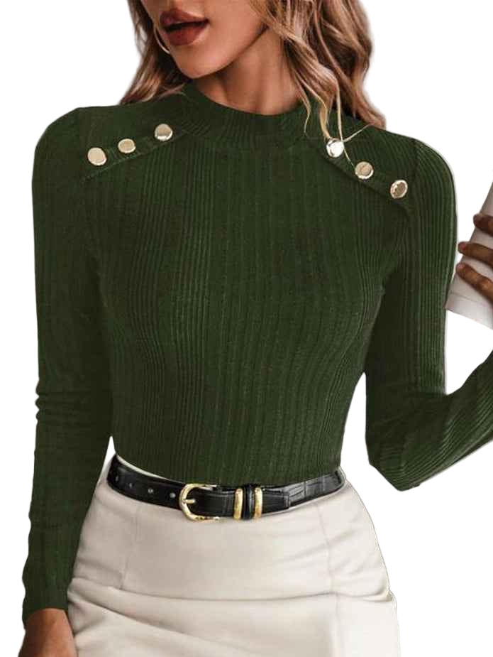 Women's Plain Button Decor Mock Neck Tee - Cyndora
