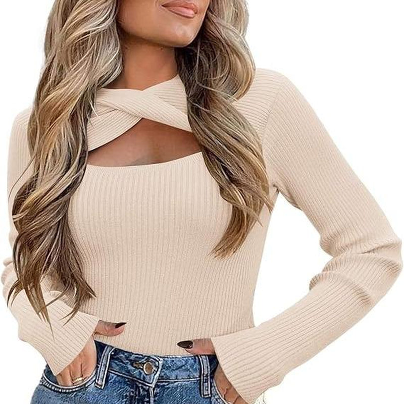 Women's Pullover Sweater Long Sleeve Cutout Knit - Cyndora