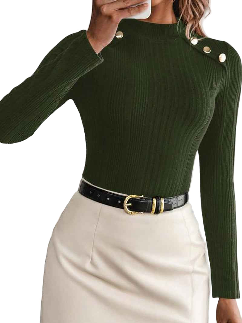 Women's Plain Button Decor Mock Neck Tee - Cyndora