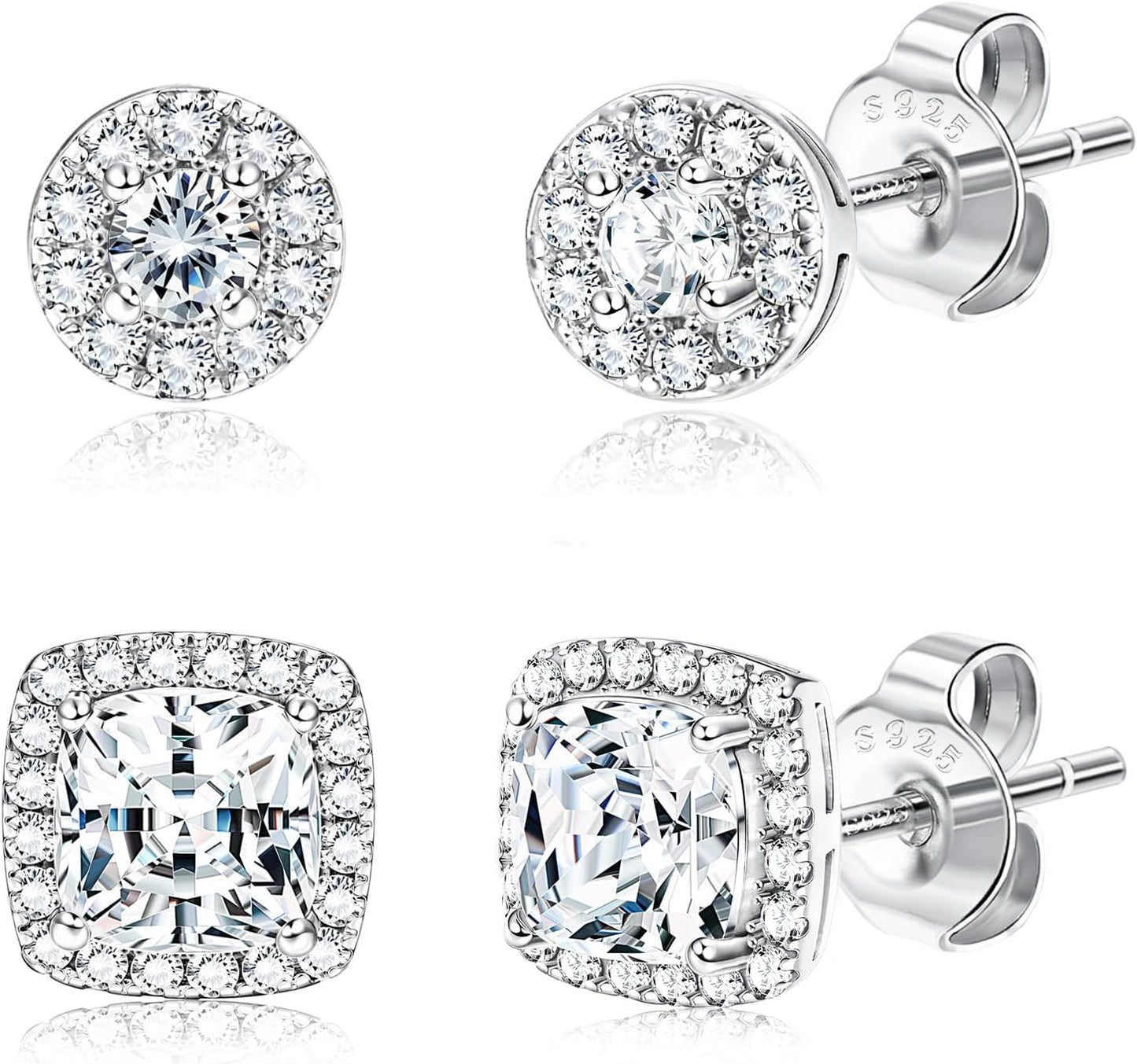 18K Gold Plated Diamond Halo Stud Earring Set 925 Sterling Silver Cubic Zirconia with round Square