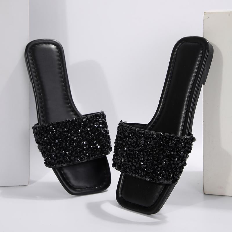 Women's Rhinestone Square Open Toe Flat Bottom Sandals