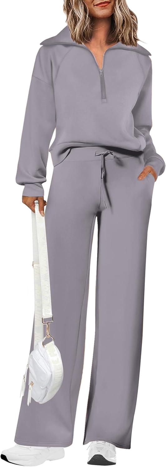 Women's 2 Piece Casual Lapel Half Zip Sweatshirts and Wide Leg Pants Tracksuit Sets