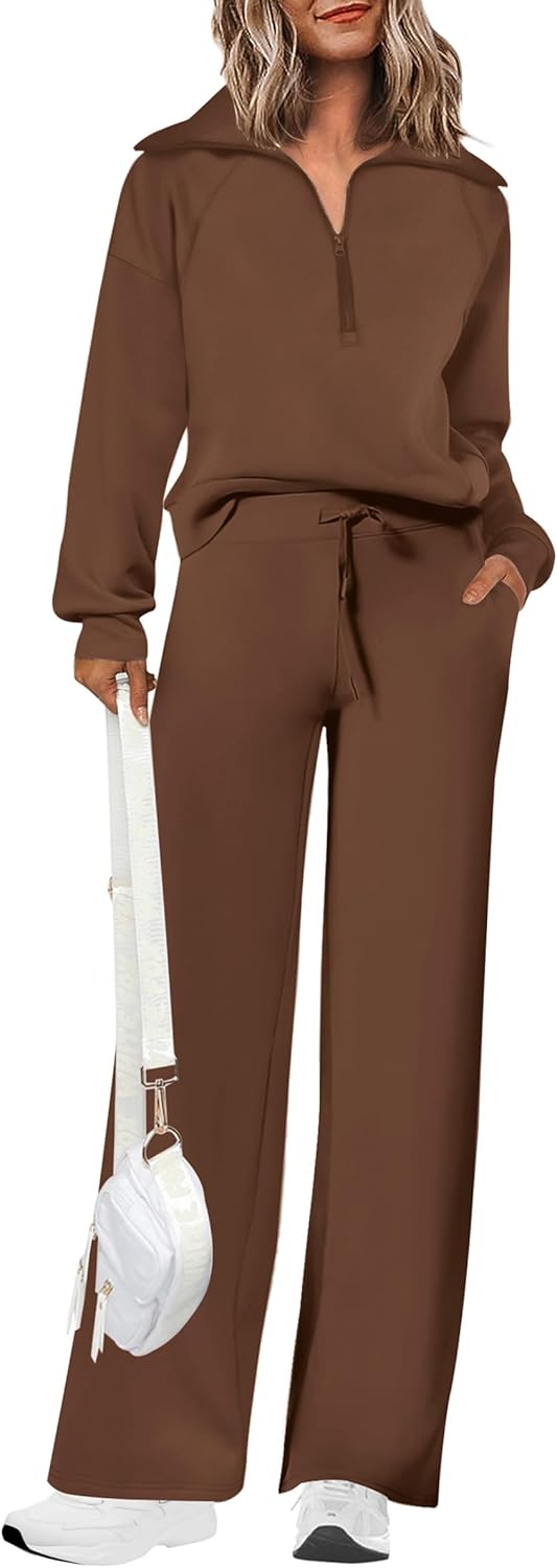 Women's 2 Piece Casual Lapel Half Zip Sweatshirts and Wide Leg Pants Tracksuit Sets