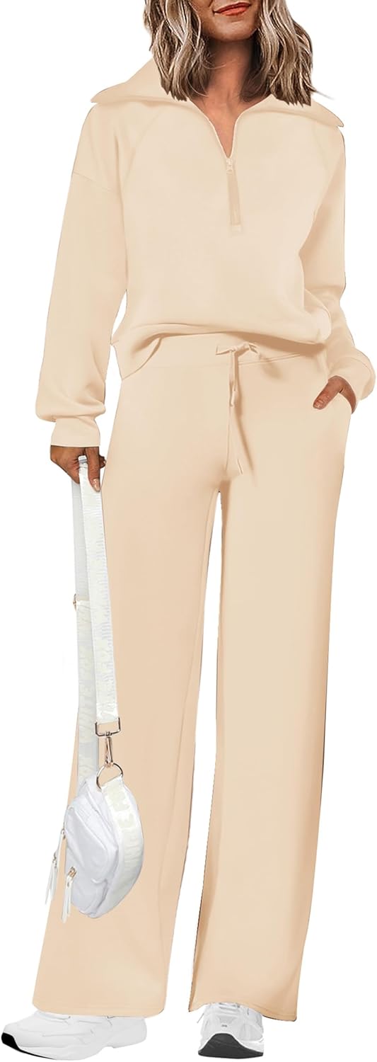 Women's 2 Piece Casual Lapel Half Zip Sweatshirts and Wide Leg Pants Tracksuit Sets