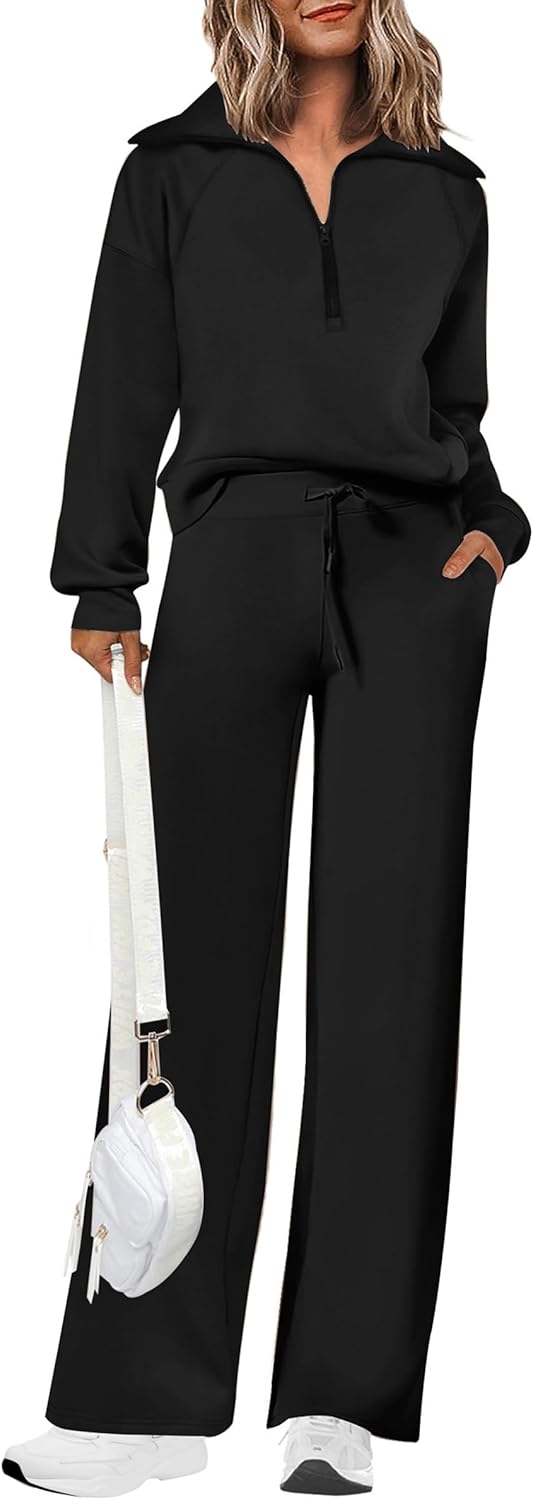 Women's 2 Piece Casual Lapel Half Zip Sweatshirts and Wide Leg Pants Tracksuit Sets