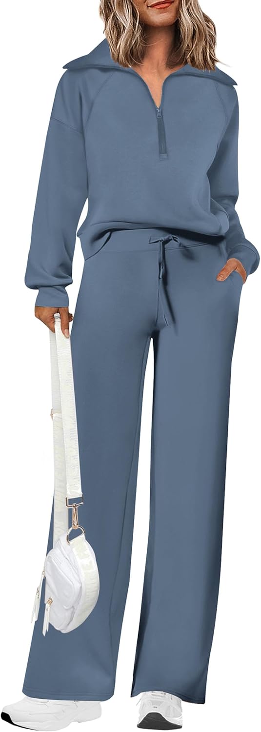 Women's 2 Piece Casual Lapel Half Zip Sweatshirts and Wide Leg Pants Tracksuit Sets