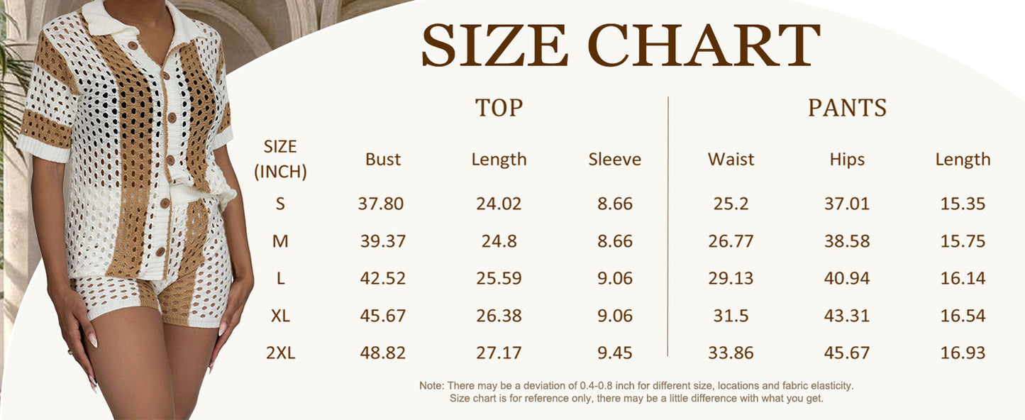 Women’s 2 Piece Knit Short Set – Color Block Button Down Shirt & Shorts Outfit