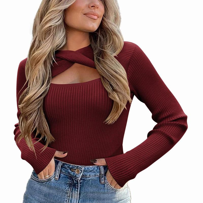 Women's Pullover Sweater Long Sleeve Cutout Knit - Cyndora