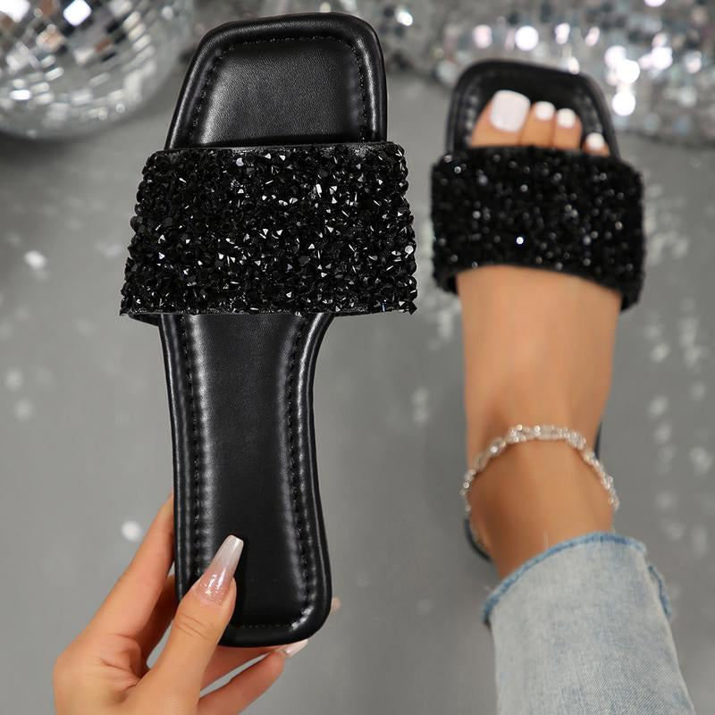 Women's Rhinestone Square Open Toe Flat Bottom Sandals