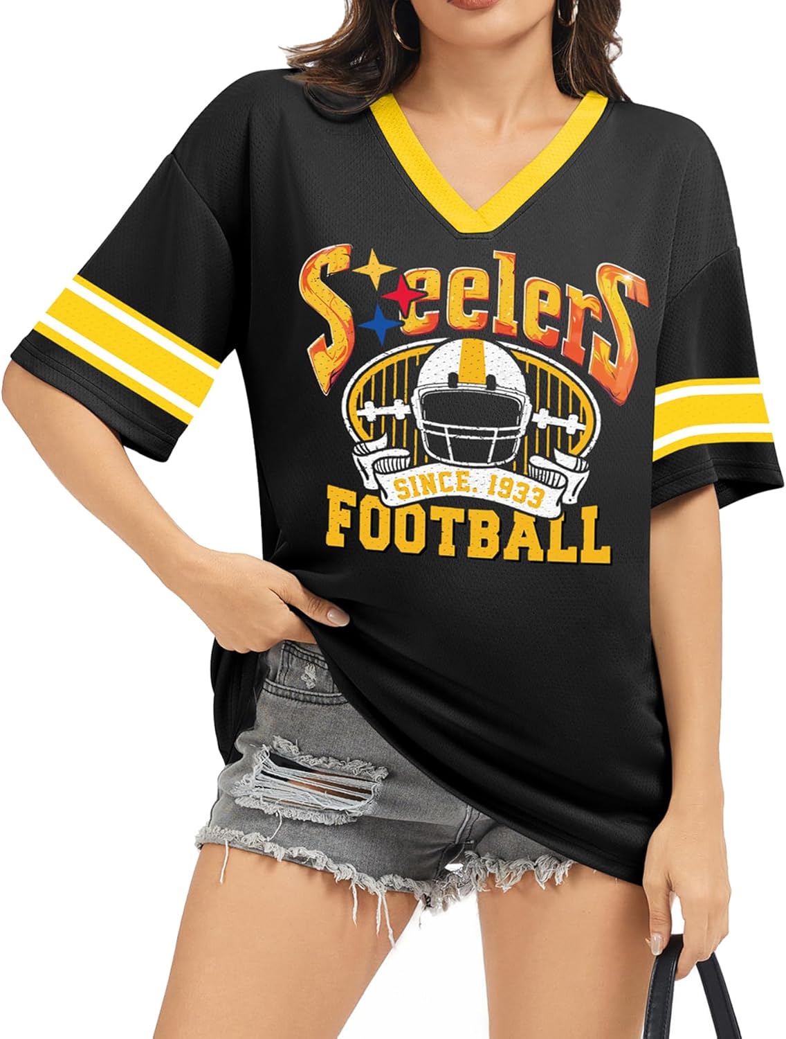 Football Shirt for Women Game Day - Mesh V Neck Tshirt Jersey