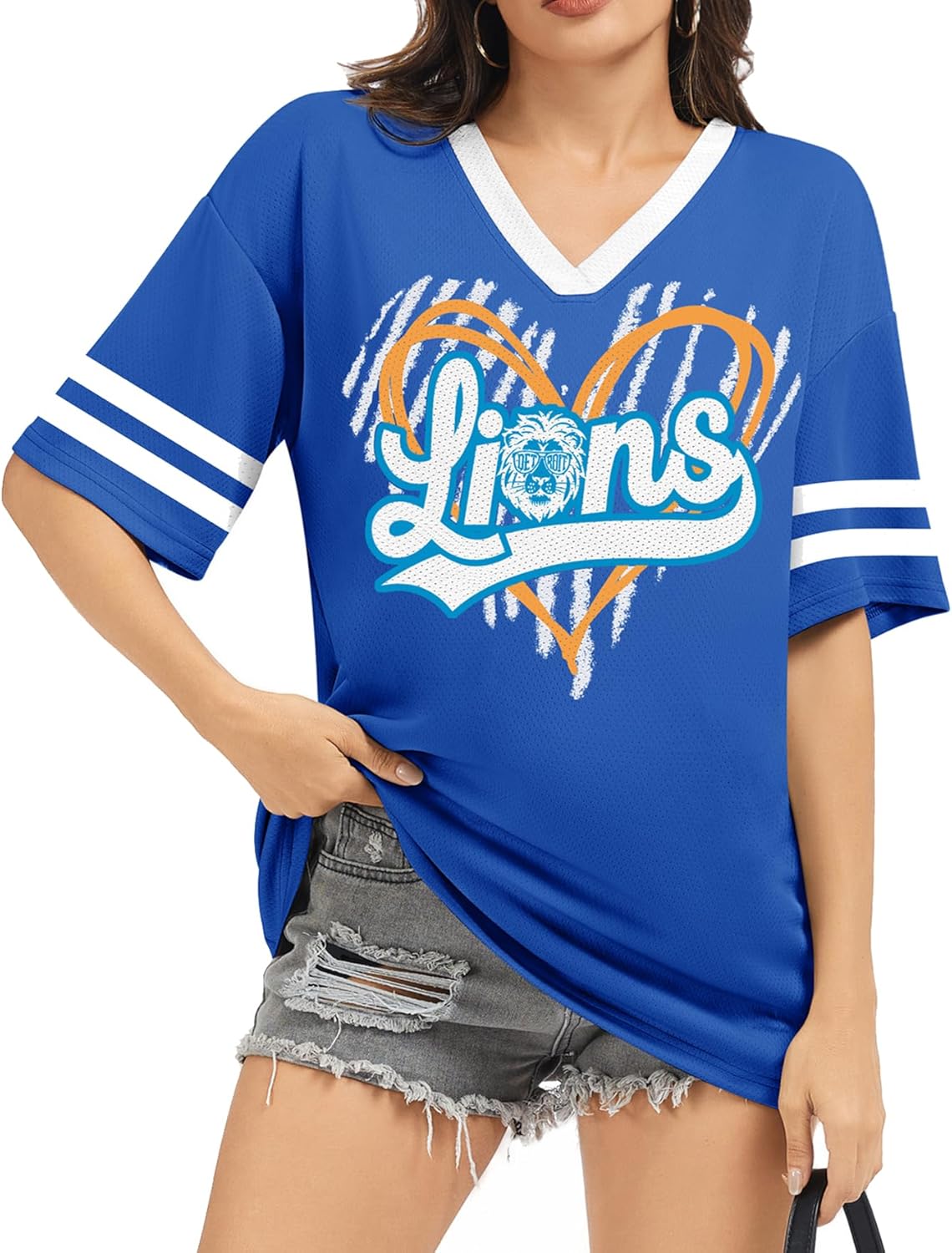 Football Shirt for Women Game Day - Mesh V Neck Tshirt Jersey