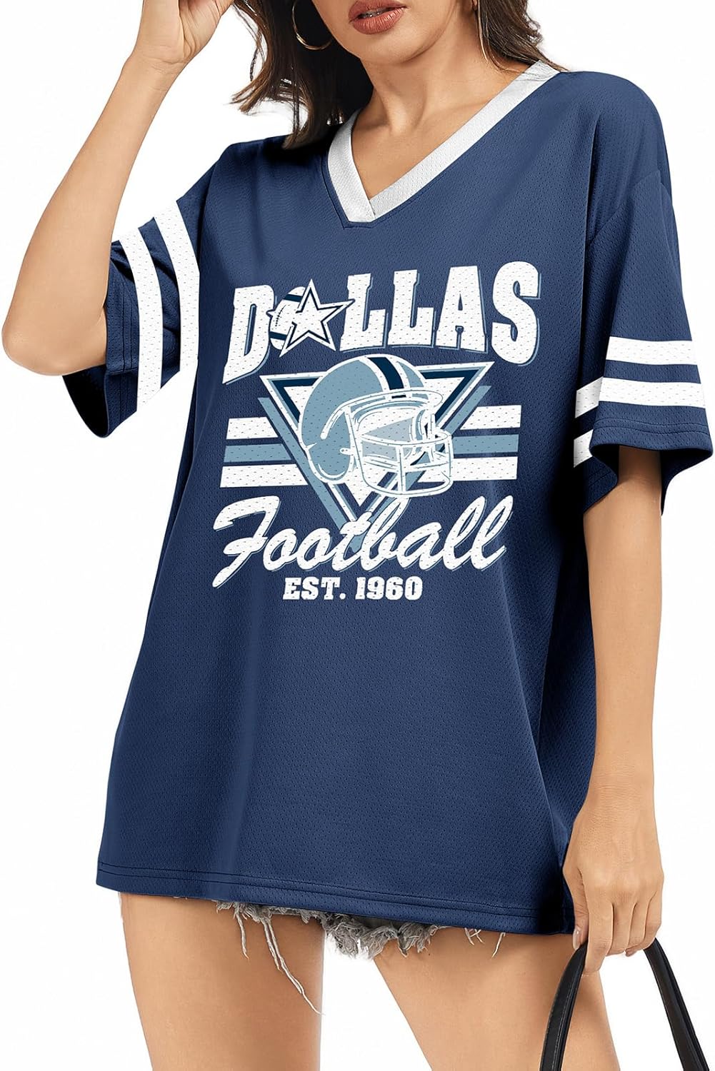 Football Shirt for Women Game Day - Mesh V Neck Tshirt Jersey
