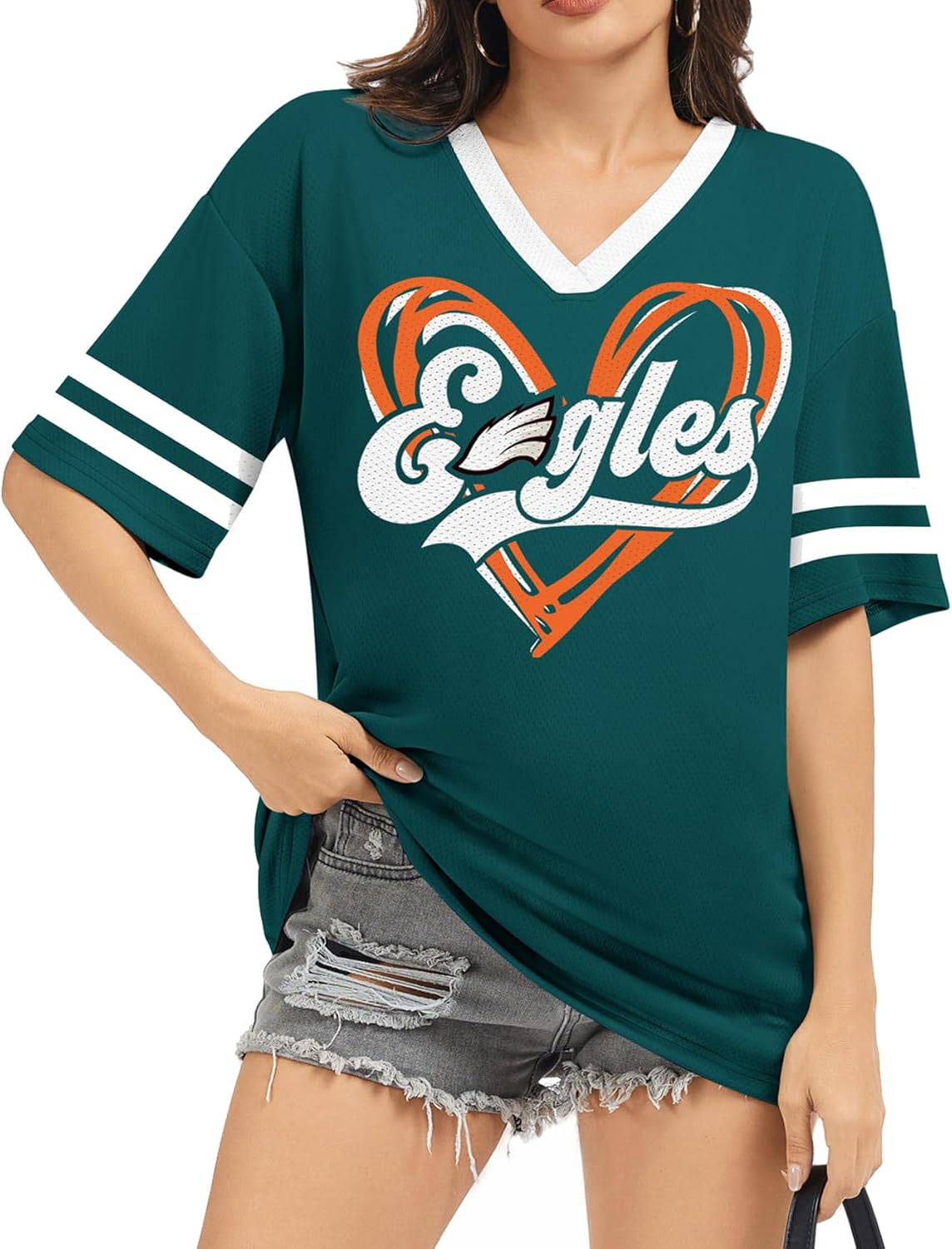 Football Shirt for Women Game Day - Mesh V Neck Tshirt Jersey