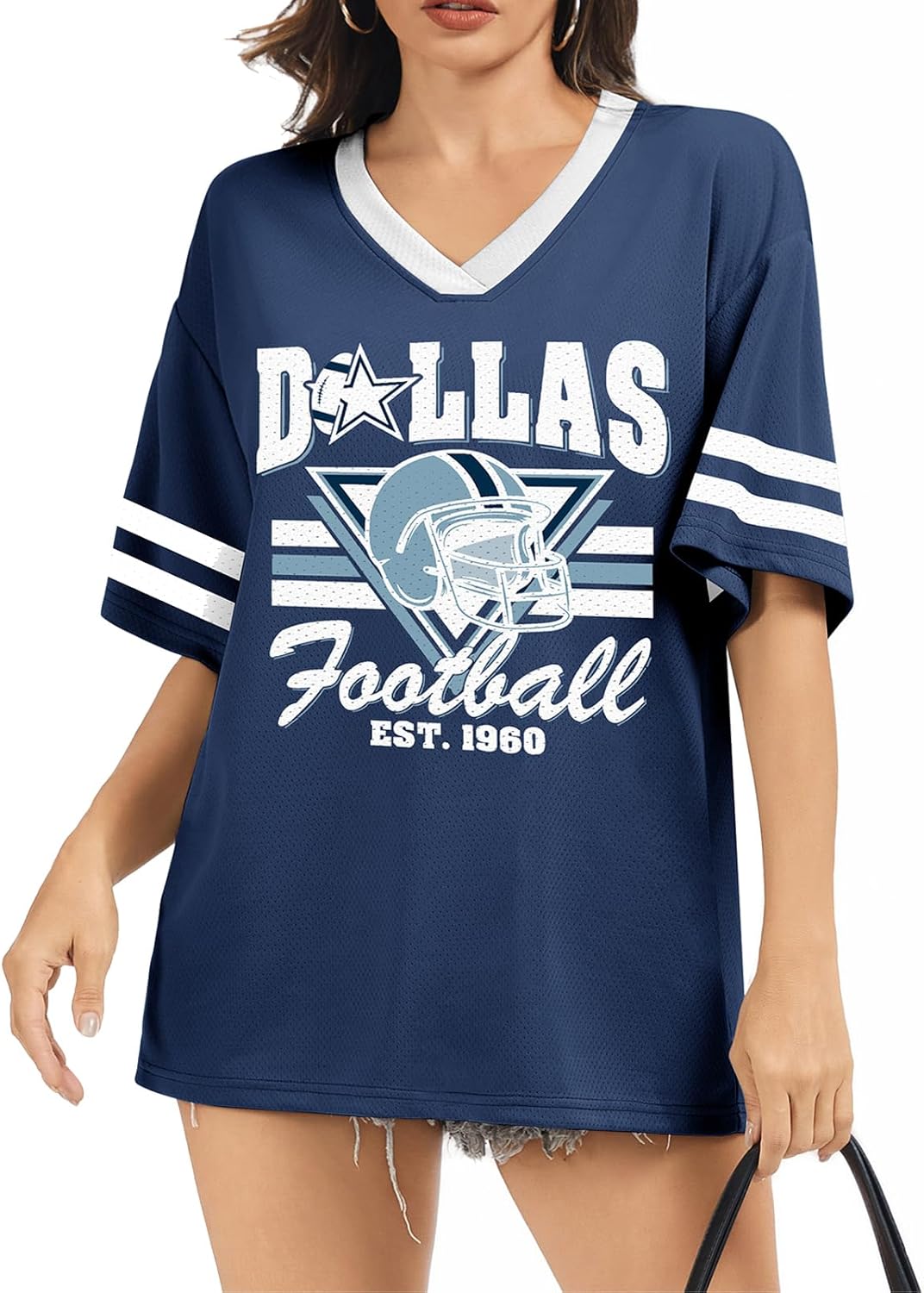 Football Shirt for Women Game Day - Mesh V Neck Tshirt Jersey