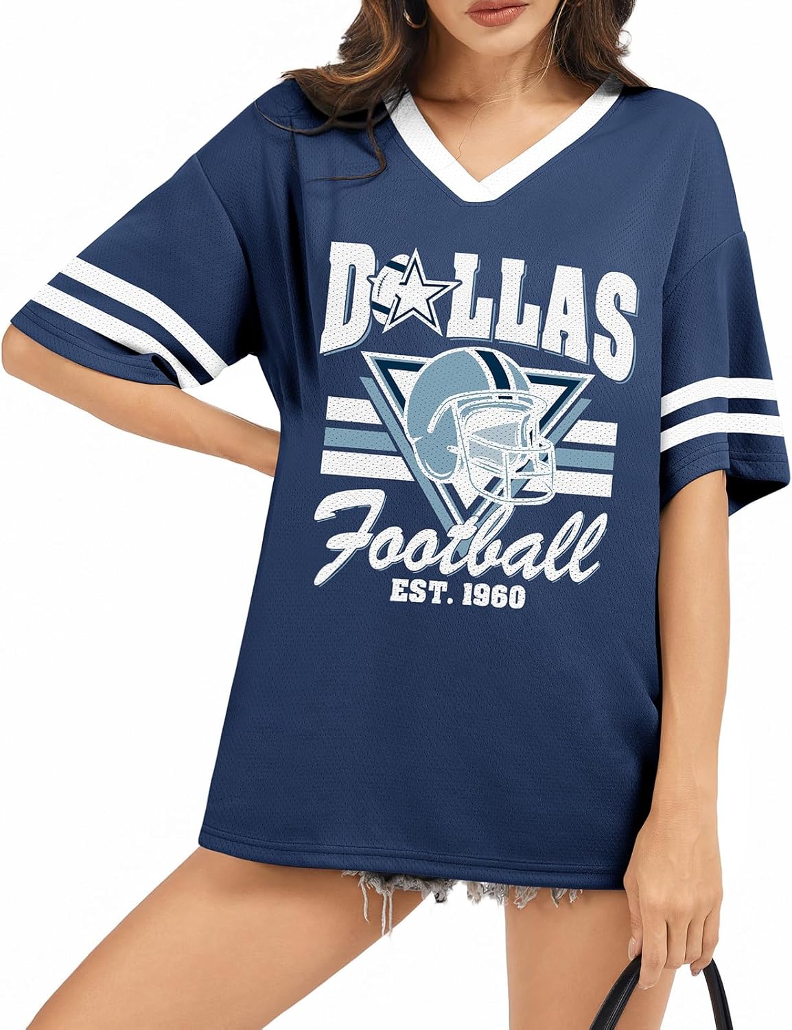 Football Shirt for Women Game Day - Mesh V Neck Tshirt Jersey