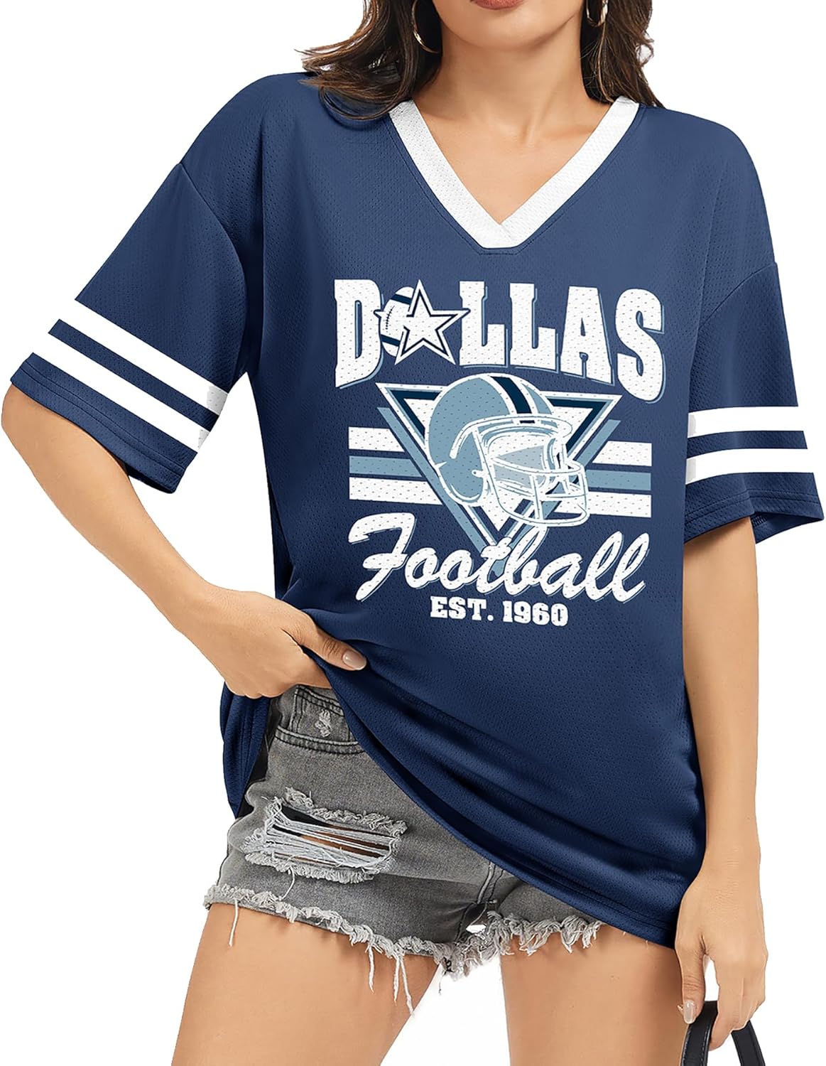 Football Shirt for Women Game Day - Mesh V Neck Tshirt Jersey