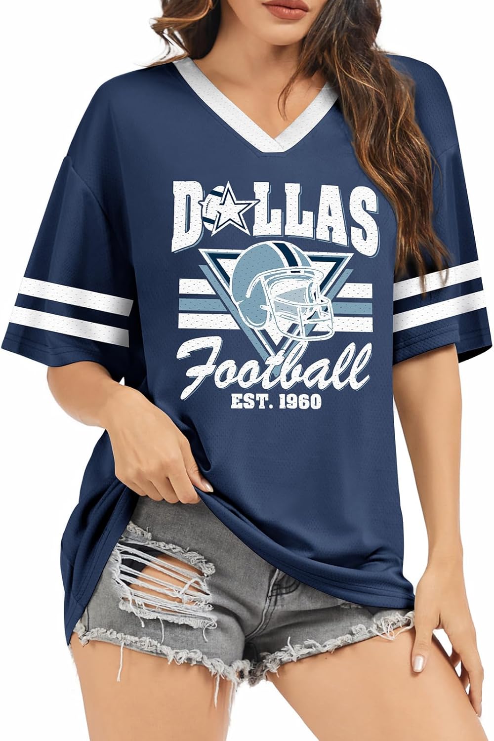 Football Shirt for Women Game Day - Mesh V Neck Tshirt Jersey