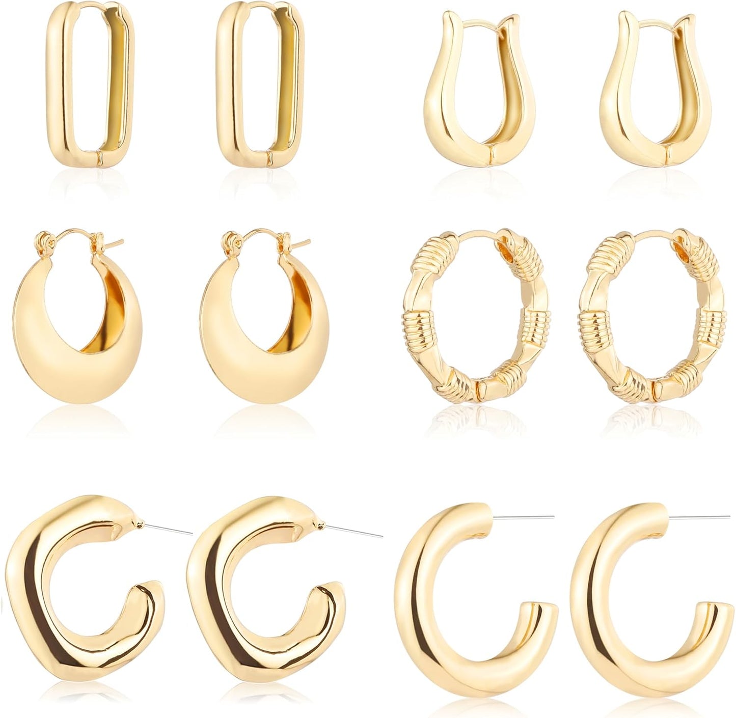 6 Pairs 14K Gold Plated Chunky Hoop Earrings Set for Women – Lightweight Twisted Huggie Hoops Multipack
