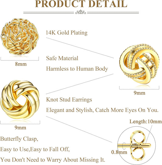 3 Pairs 14K Gold Plated Knot Stud Earrings for Women – Hypoallergenic Woven Ball Earrings Set for Sensitive Ears
