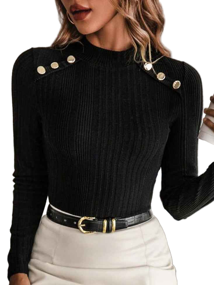 Women's Plain Button Decor Mock Neck Tee - Cyndora