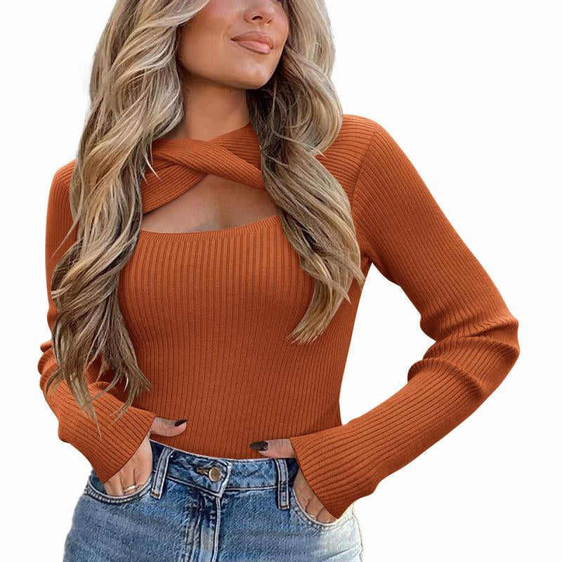 Women's Pullover Sweater Long Sleeve Cutout Knit - Cyndora