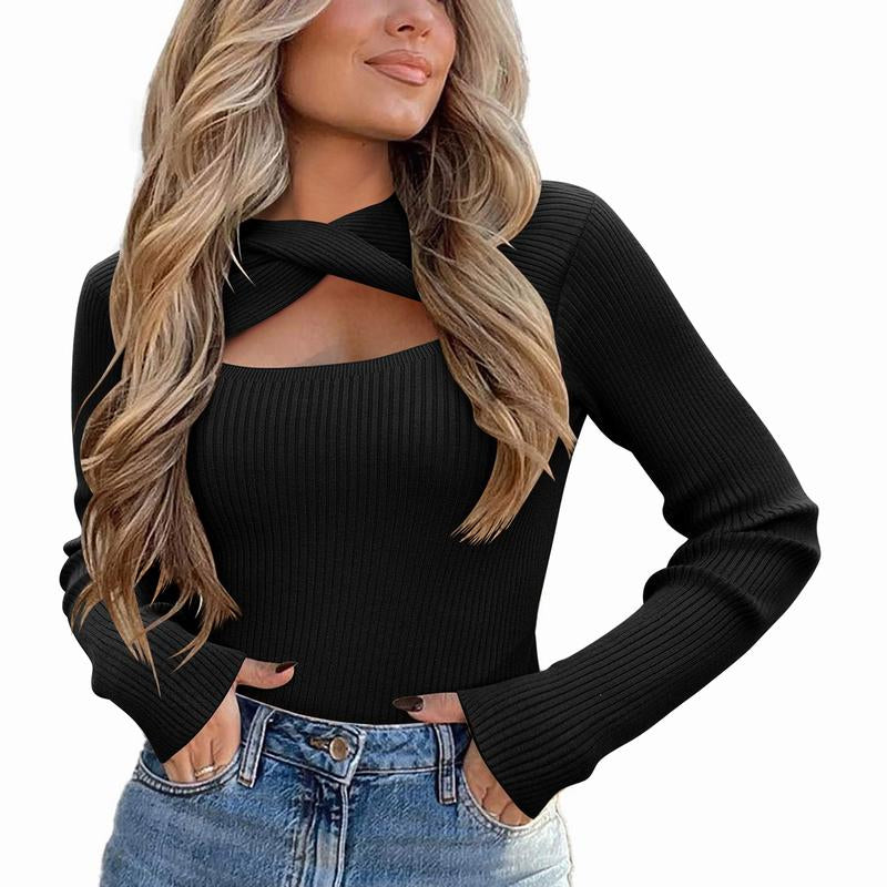Women's Pullover Sweater Long Sleeve Cutout Knit - Cyndora
