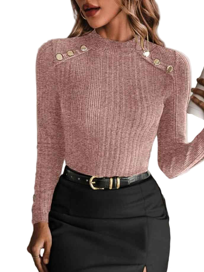 Women's Plain Button Decor Mock Neck Tee - Cyndora