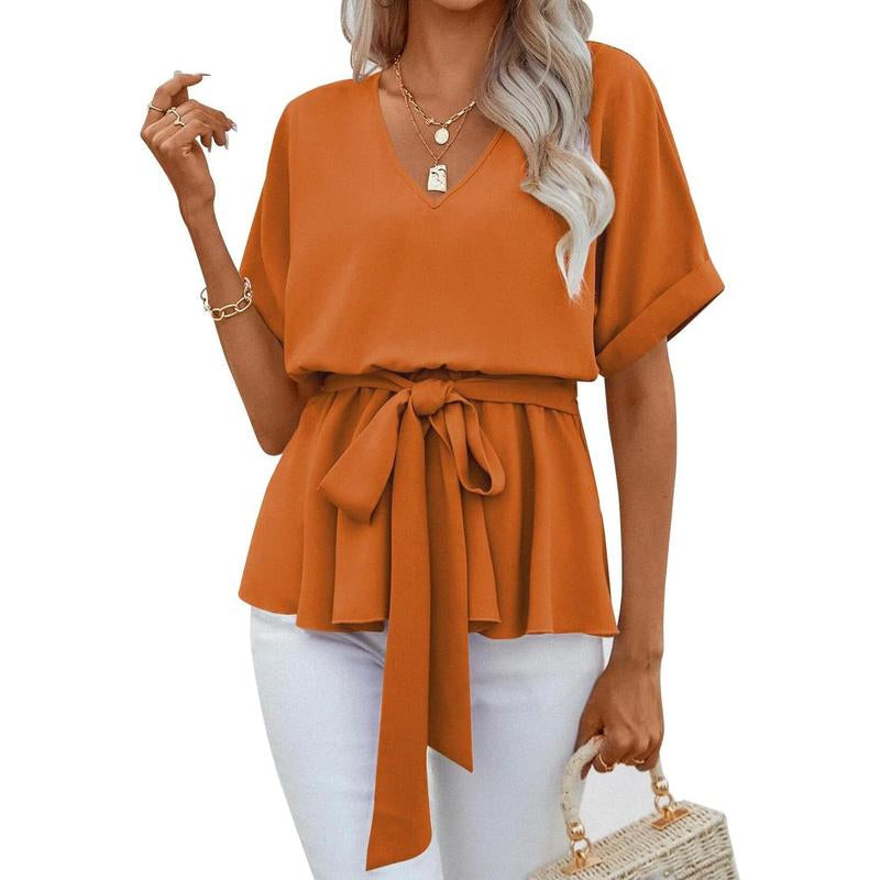Women's V Neck Short Sleeve Belted Blouse