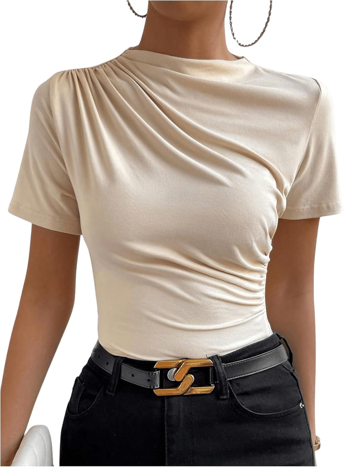 Women’s Ruched Mock Neck Fitted T-Shirt – Short Sleeve Summer Basic Top