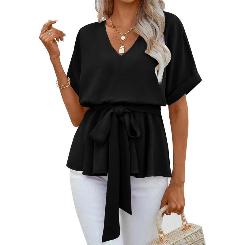 Women's V Neck Short Sleeve Belted Blouse