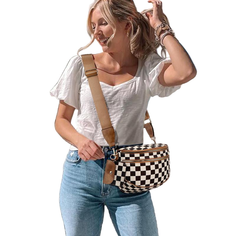 Women's Large Checkered Pattern Crossbody Saddle Bag - Cyndora