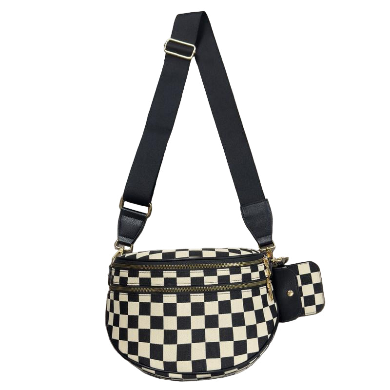 Women's Large Checkered Pattern Crossbody Saddle Bag - Cyndora