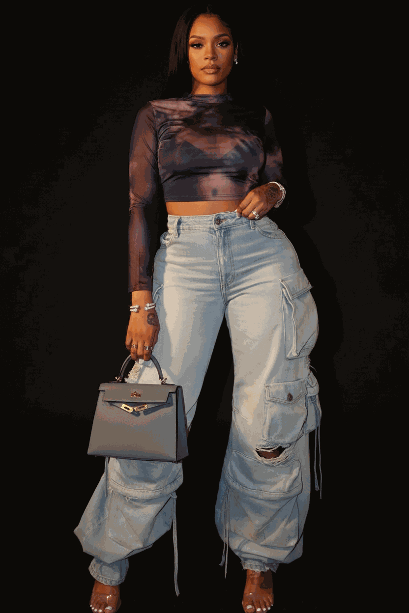 Person wearing light blue cargo pants and holding a gray handbag.