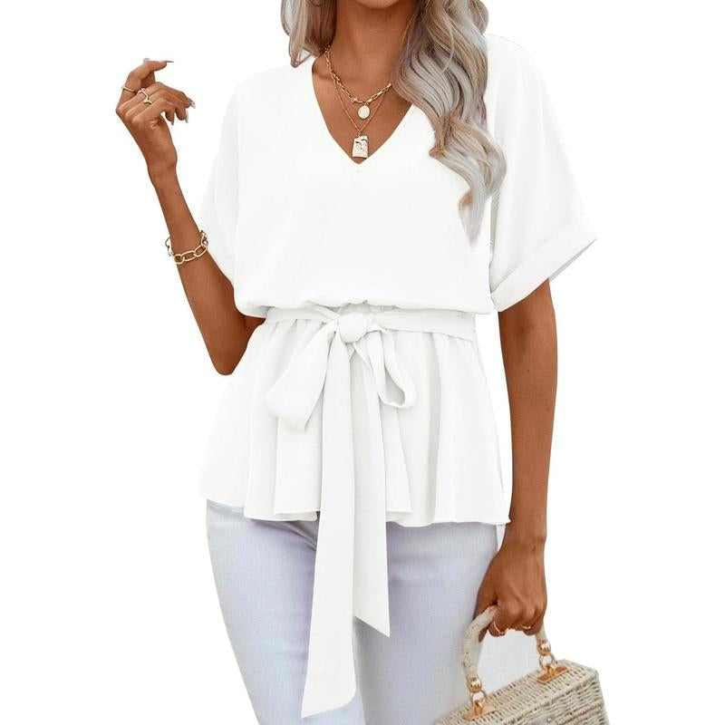 Women's V Neck Short Sleeve Belted Blouse