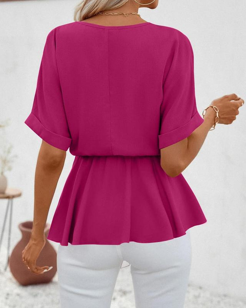 Women's V Neck Short Sleeve Belted Blouse