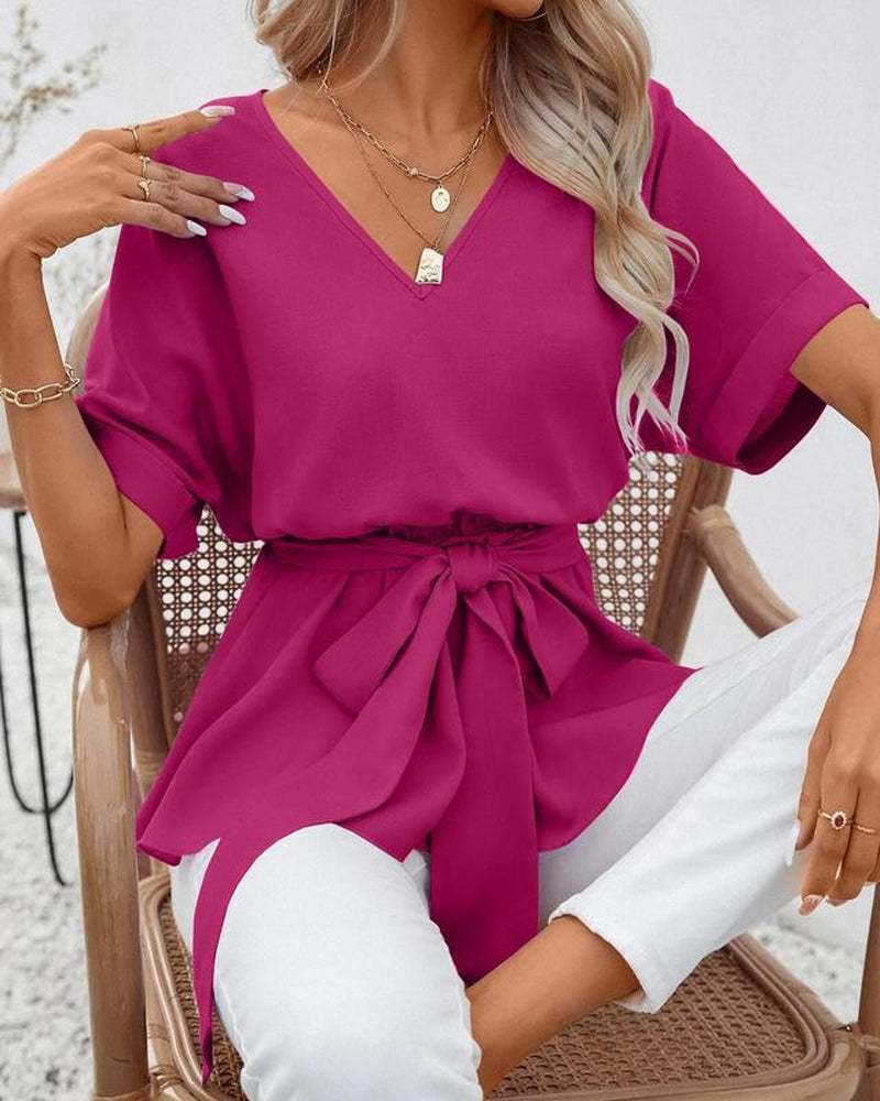 Women's V Neck Short Sleeve Belted Blouse