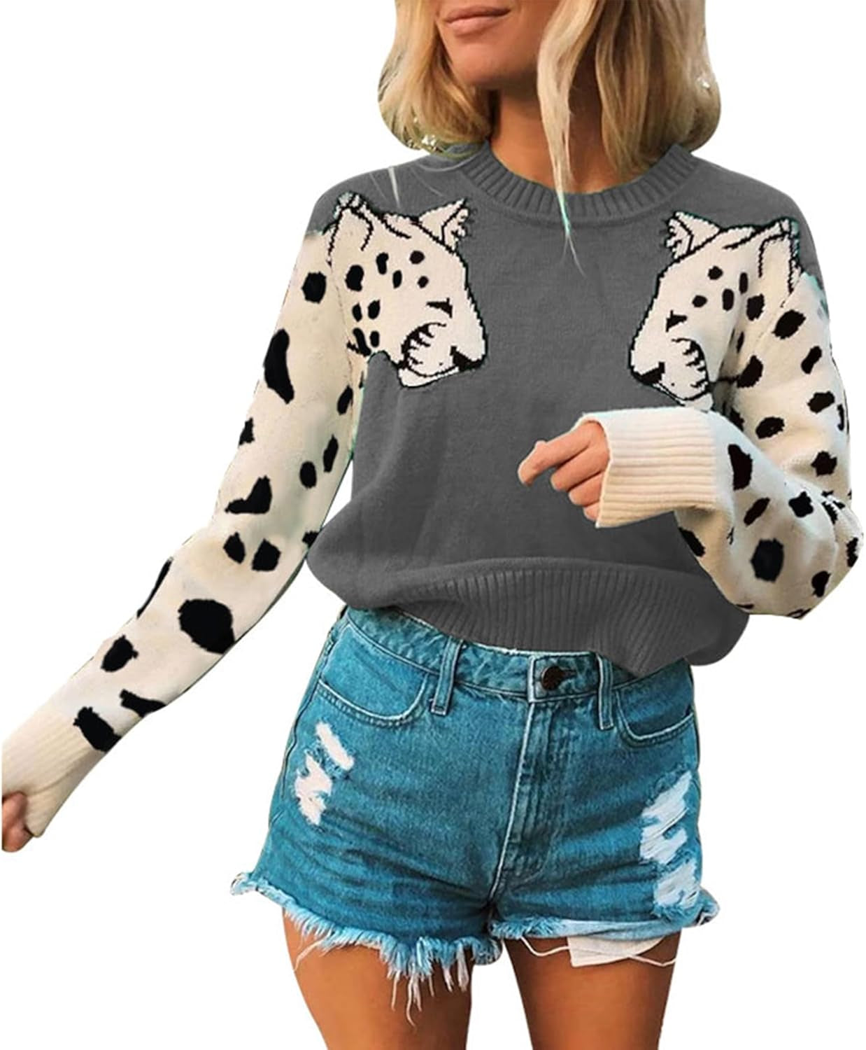 Women's Knitted Leopard Printed Patchwork Long Sleeve Cropped Sweater