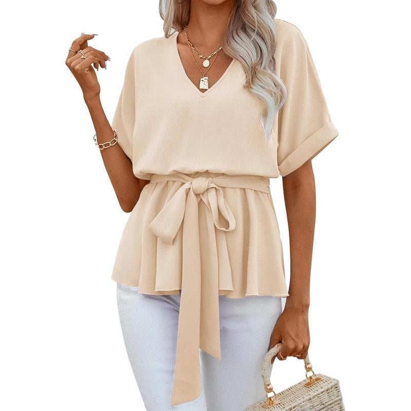 Women's V Neck Short Sleeve Belted Blouse