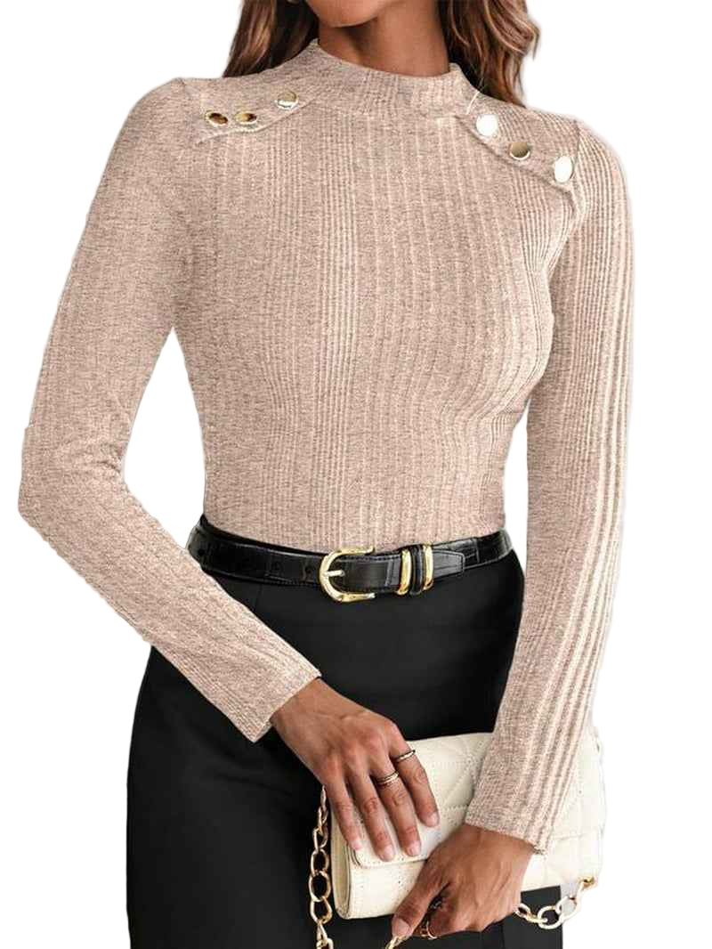 Women's Plain Button Decor Mock Neck Tee - Cyndora