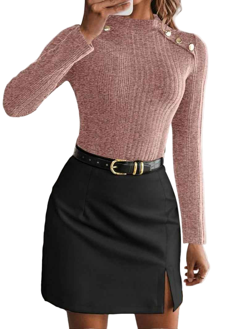 Women's Plain Button Decor Mock Neck Tee - Cyndora