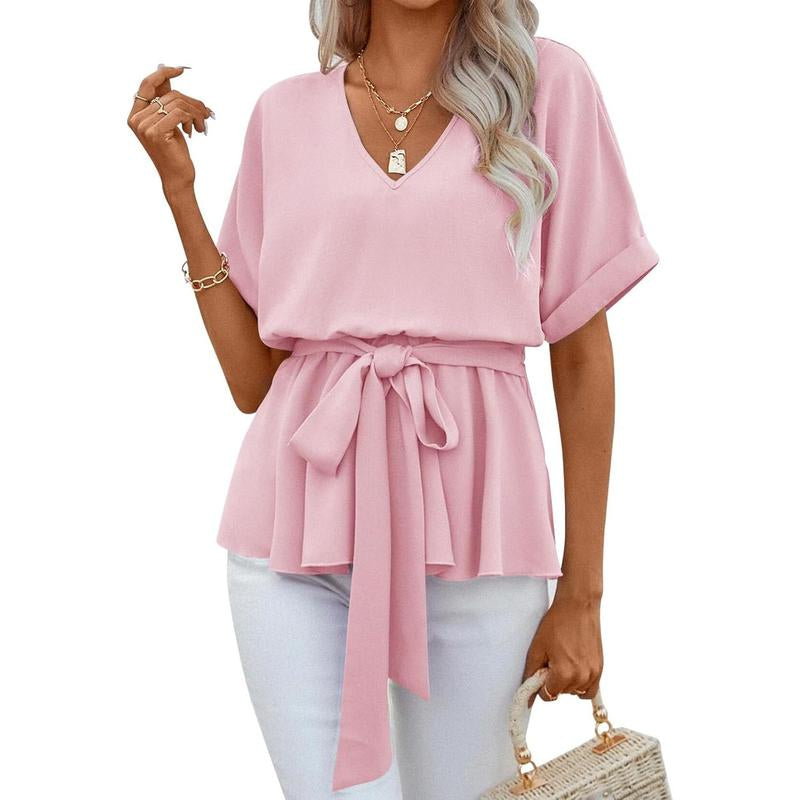 Women's V Neck Short Sleeve Belted Blouse