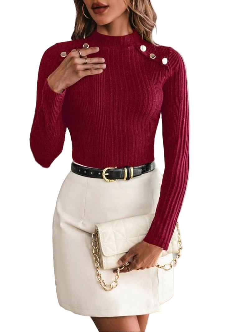 Women's Plain Button Decor Mock Neck Tee - Cyndora