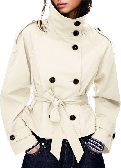 Double-Breasted Cropped Trench Coat with Removable Belt