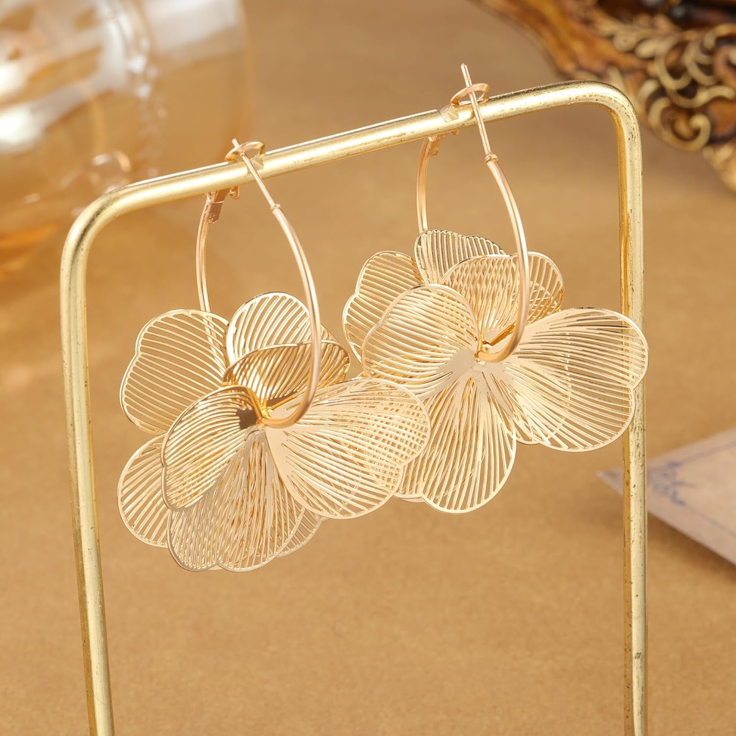 GAXAYA Dangle Flower Earrings - Elegant Gold-Tone Floral Hoop Jewelry for Women