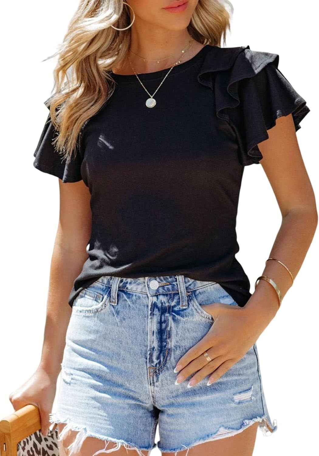 Women's Casual Slim Fit Ruffle Short Sleeve Top