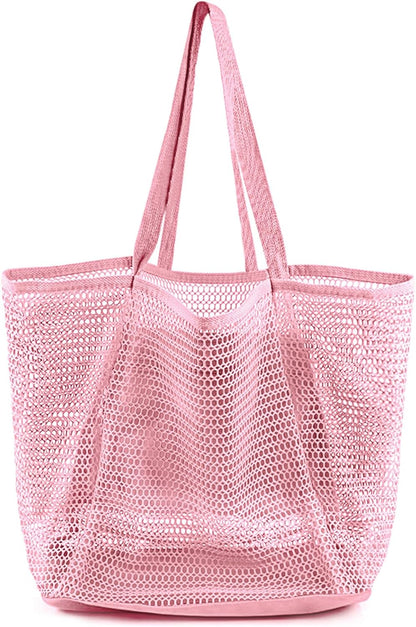 Stylish HOHOM Tan Beach Bag for Women - Versatile Summer Travel Mesh Tote with Large Inner Pocket and Sandproof Design