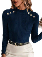 Women's Plain Button Decor Mock Neck Tee - Cyndora