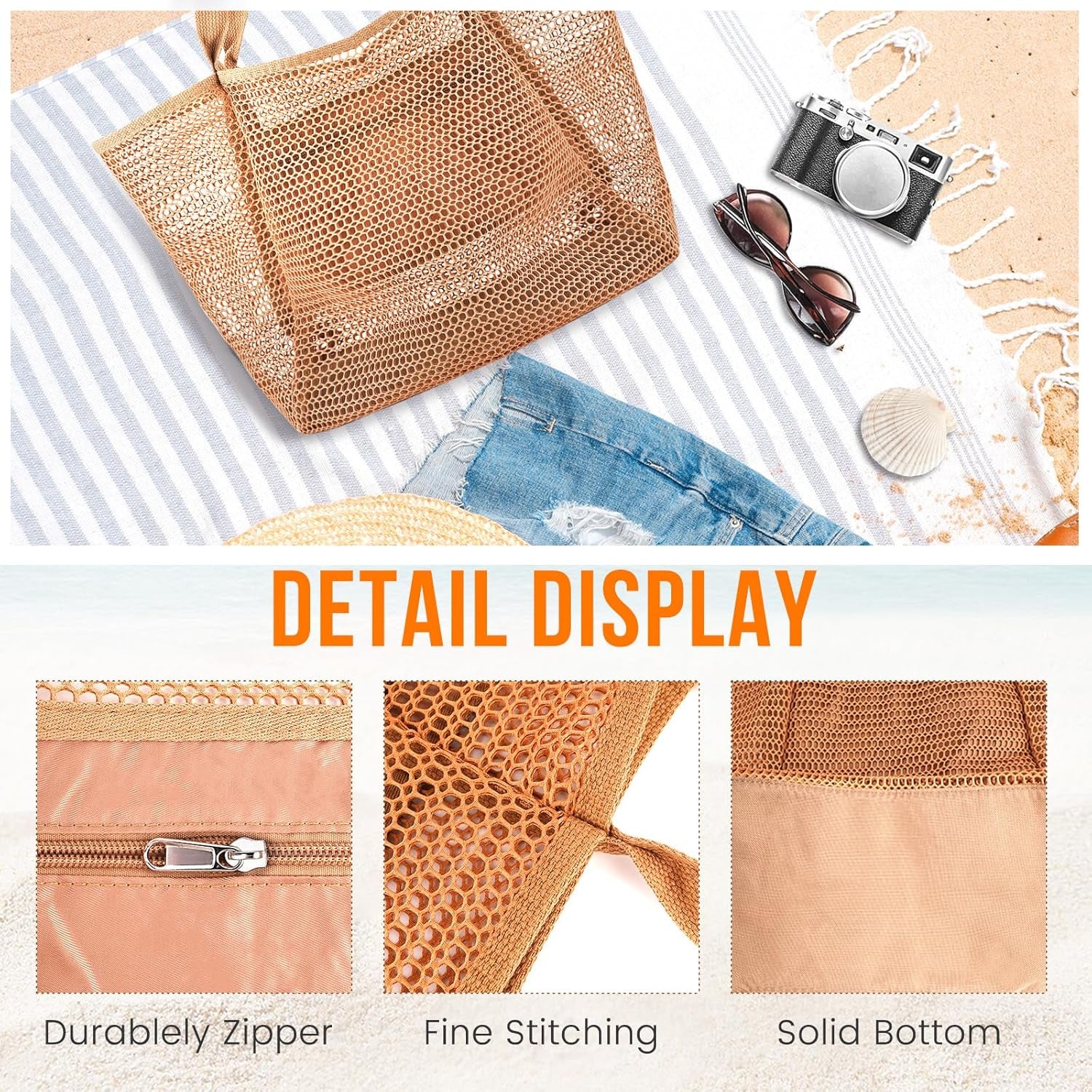 Stylish HOHOM Tan Beach Bag for Women - Versatile Summer Travel Mesh Tote with Large Inner Pocket and Sandproof Design