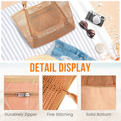 Stylish HOHOM Tan Beach Bag for Women - Versatile Summer Travel Mesh Tote with Large Inner Pocket and Sandproof Design